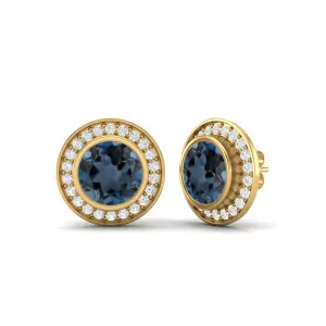 9k Yellow Gold Round Bezel Set London Blue Topaz Minimalist Stud Earrings