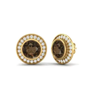 9k Yellow Gold Round Bezel Set Smoky Quartz Minimalist Stud Women Earrings