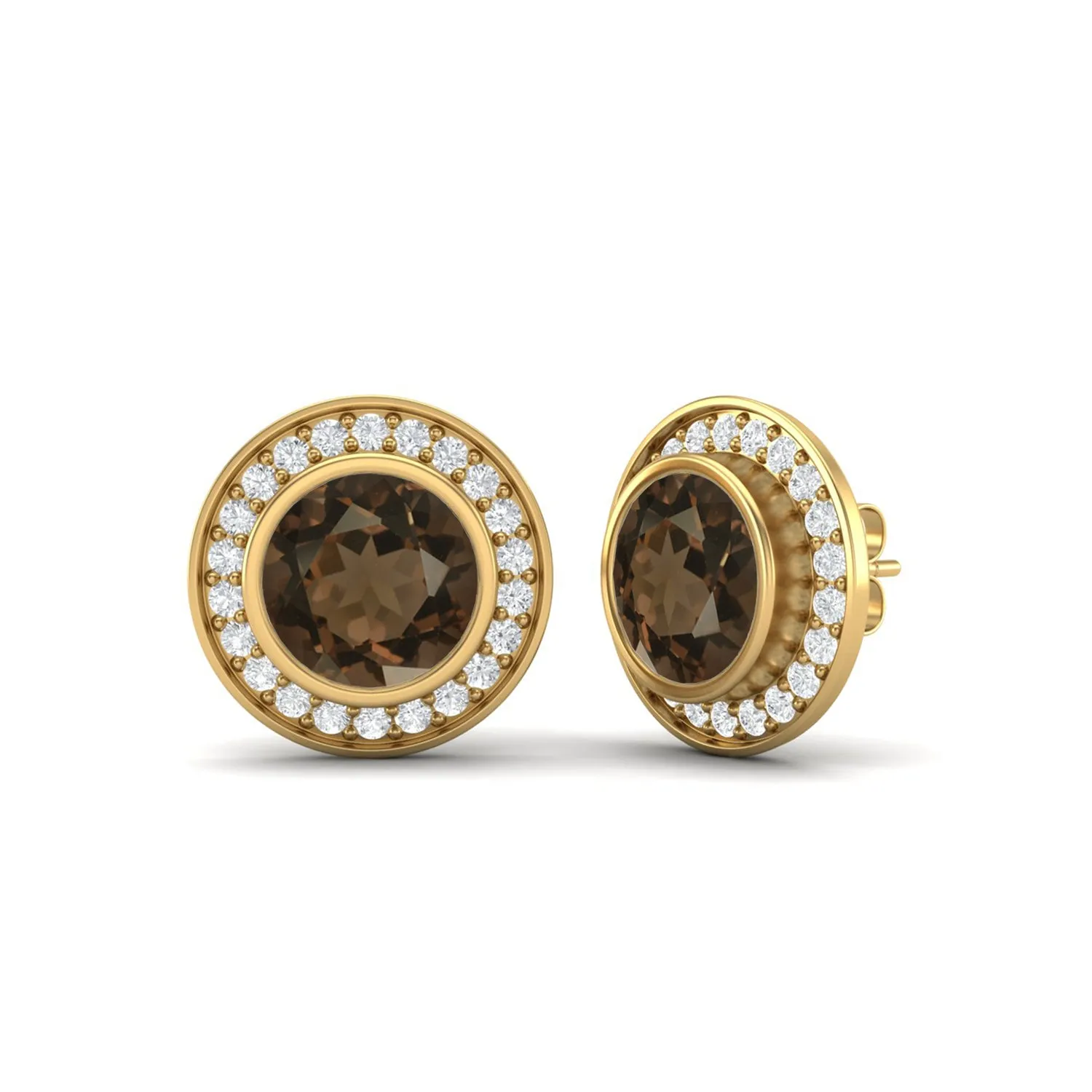 9k Yellow Gold Round Bezel Set Smoky Quartz Minimalist Stud Women Earrings