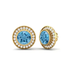 9k Yellow Gold Round Bezel Set Swiss Blue Topaz Minimalist Stud Earrings