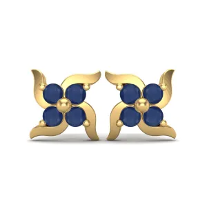 9k Yellow Gold Round Natural Blue Sapphire Gemstone Stud Earrings for Women