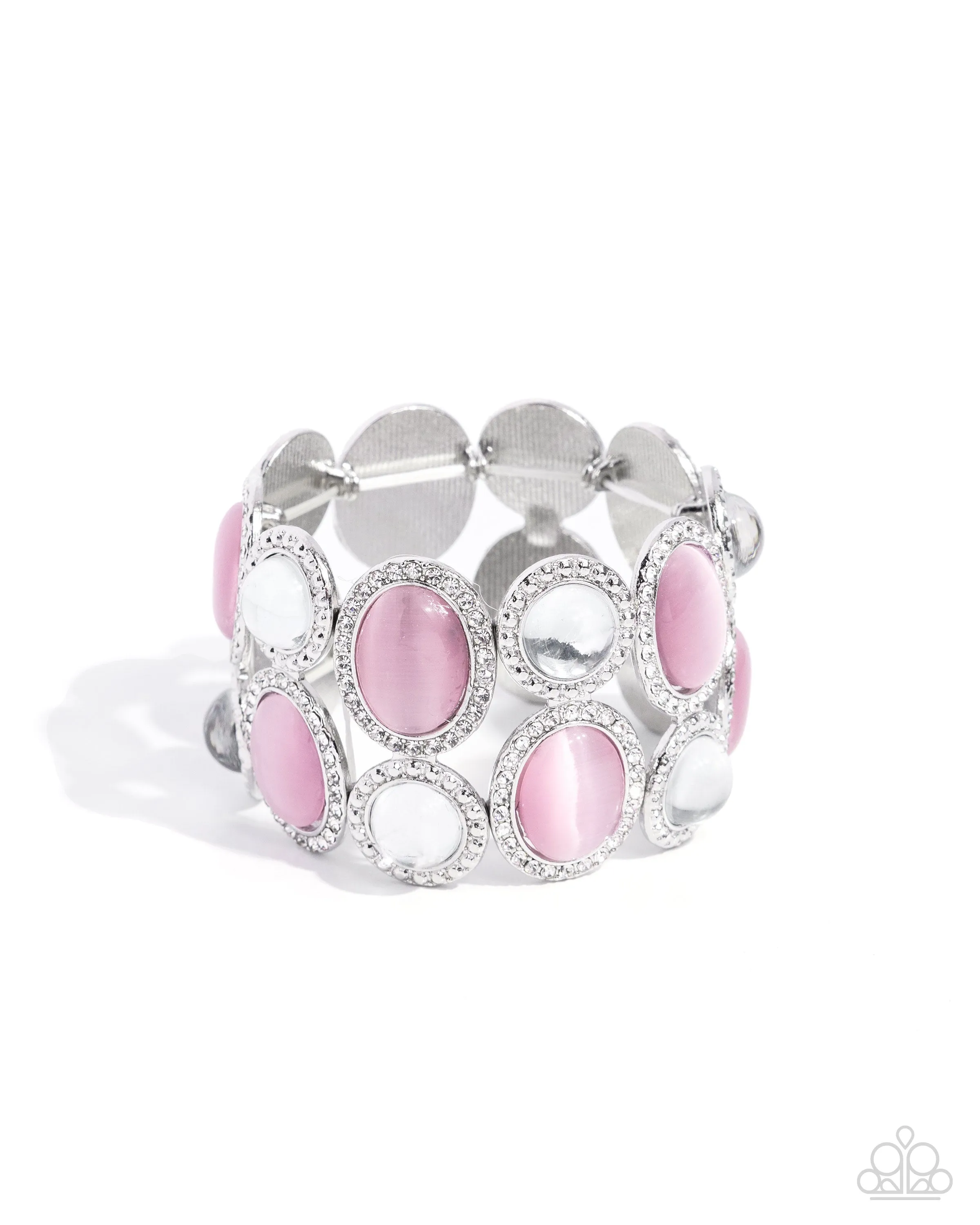 Affixed Appeal - Pink - Oval Cat's Eye White Rhinestone Paparazzi Stretchy Bracelet