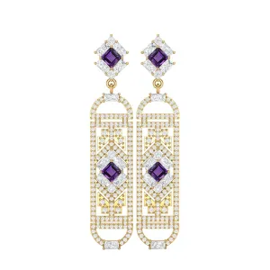 African Amethyst Cylindrical Long Drop Dangle Women Earrings 9k Yellow Gold