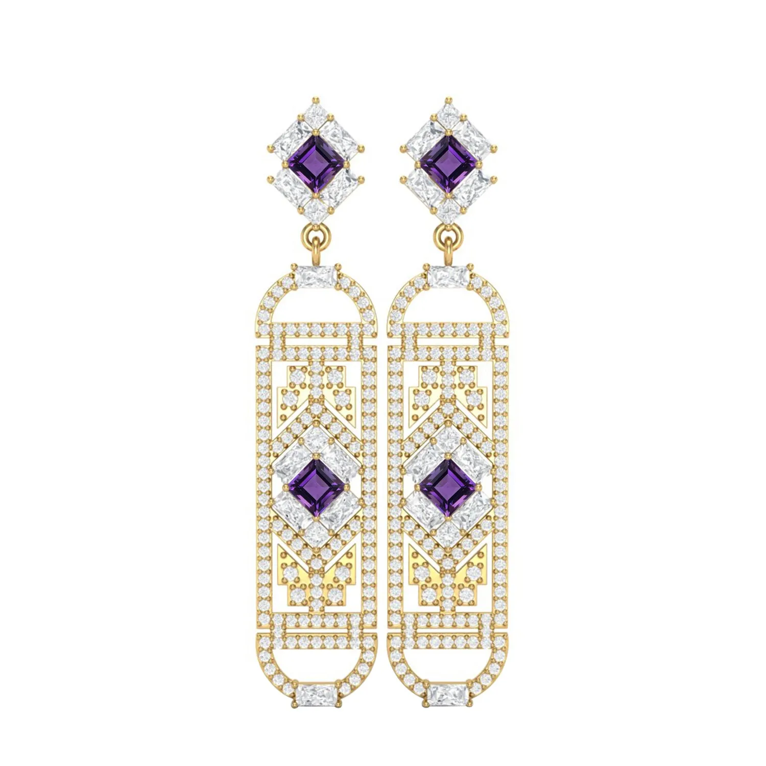 African Amethyst Cylindrical Long Drop Dangle Women Earrings 9k Yellow Gold