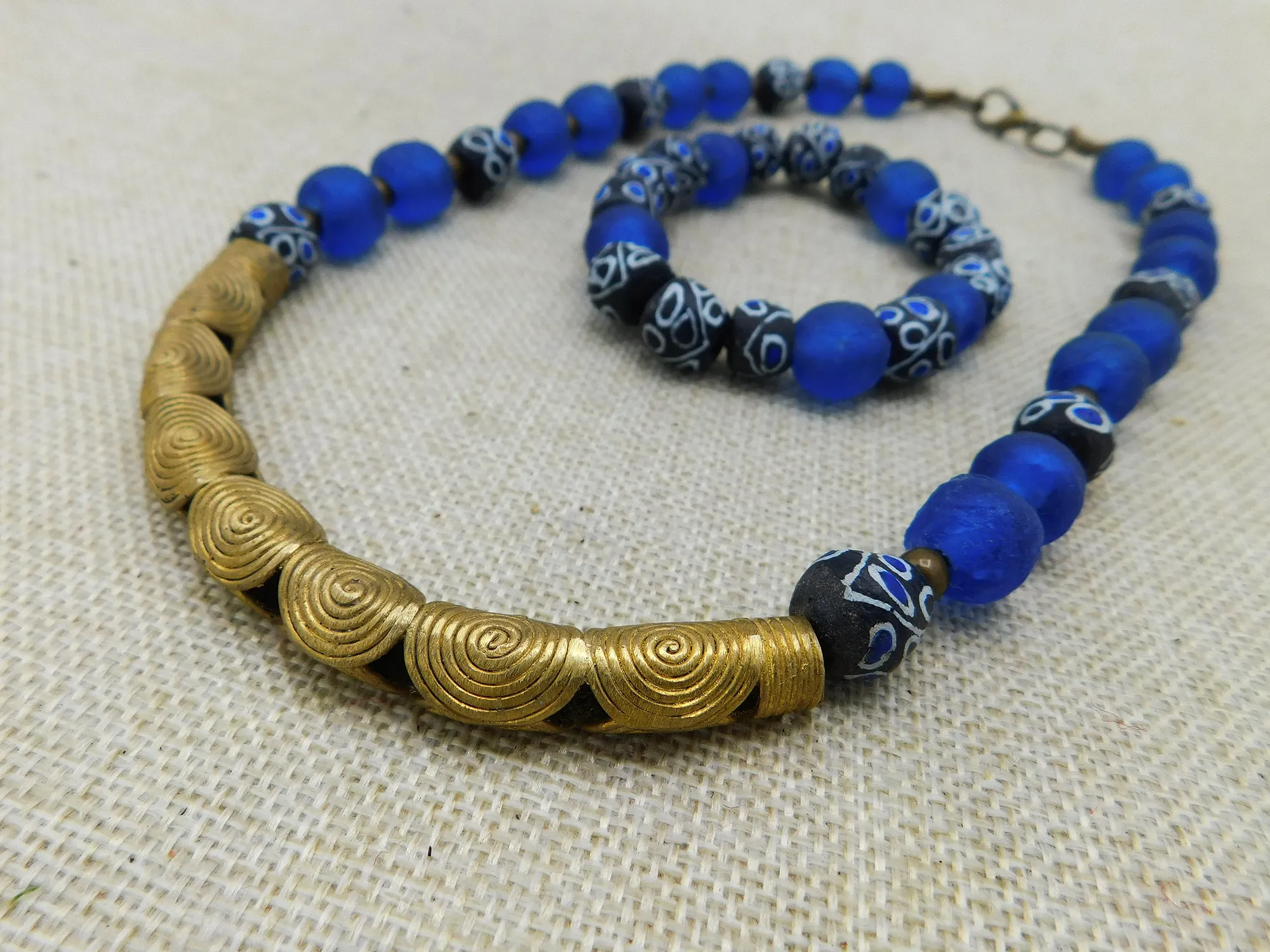 African Blue Beaded Necklace Handmade Black Owned Jewelry Set Bracelet Unisex