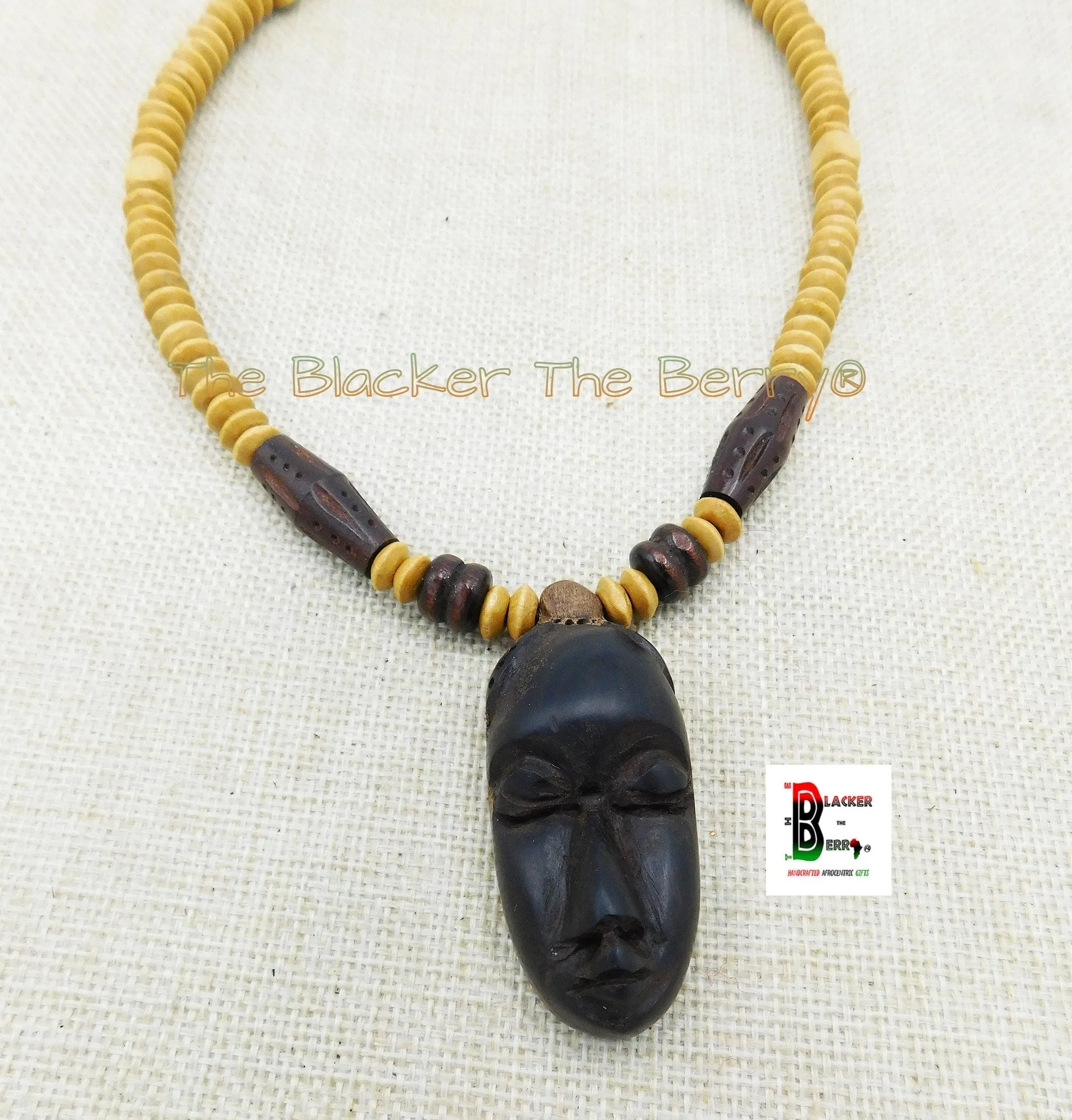 African Mask Carved Wooden Necklace Jewelry Beaded Afrocentric Black Owned