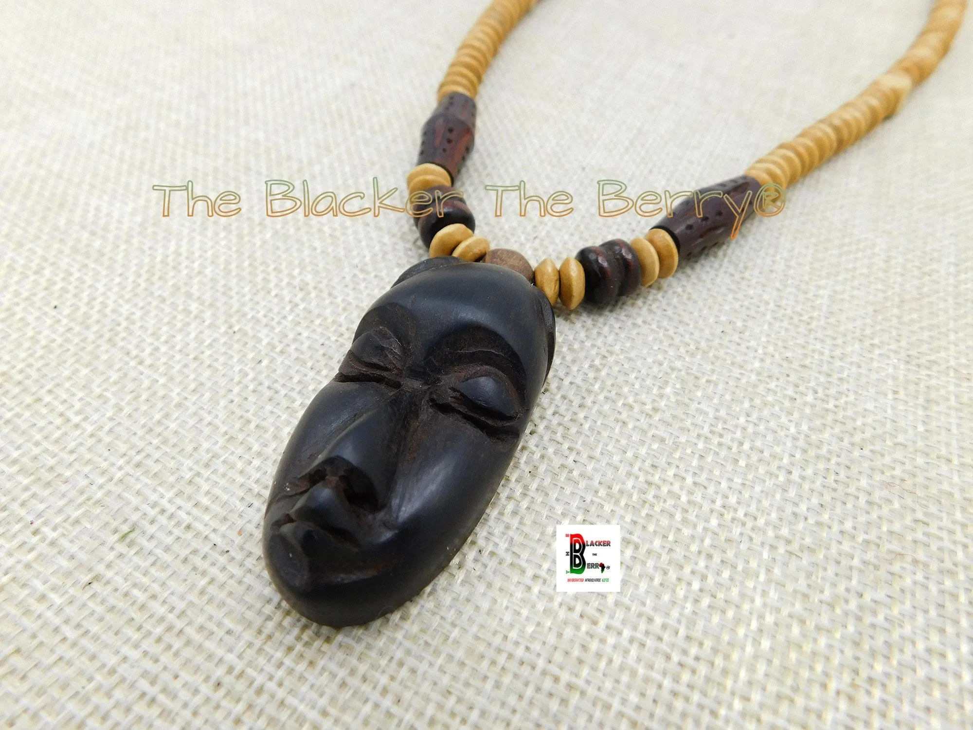 African Mask Carved Wooden Necklace Jewelry Beaded Afrocentric Black Owned