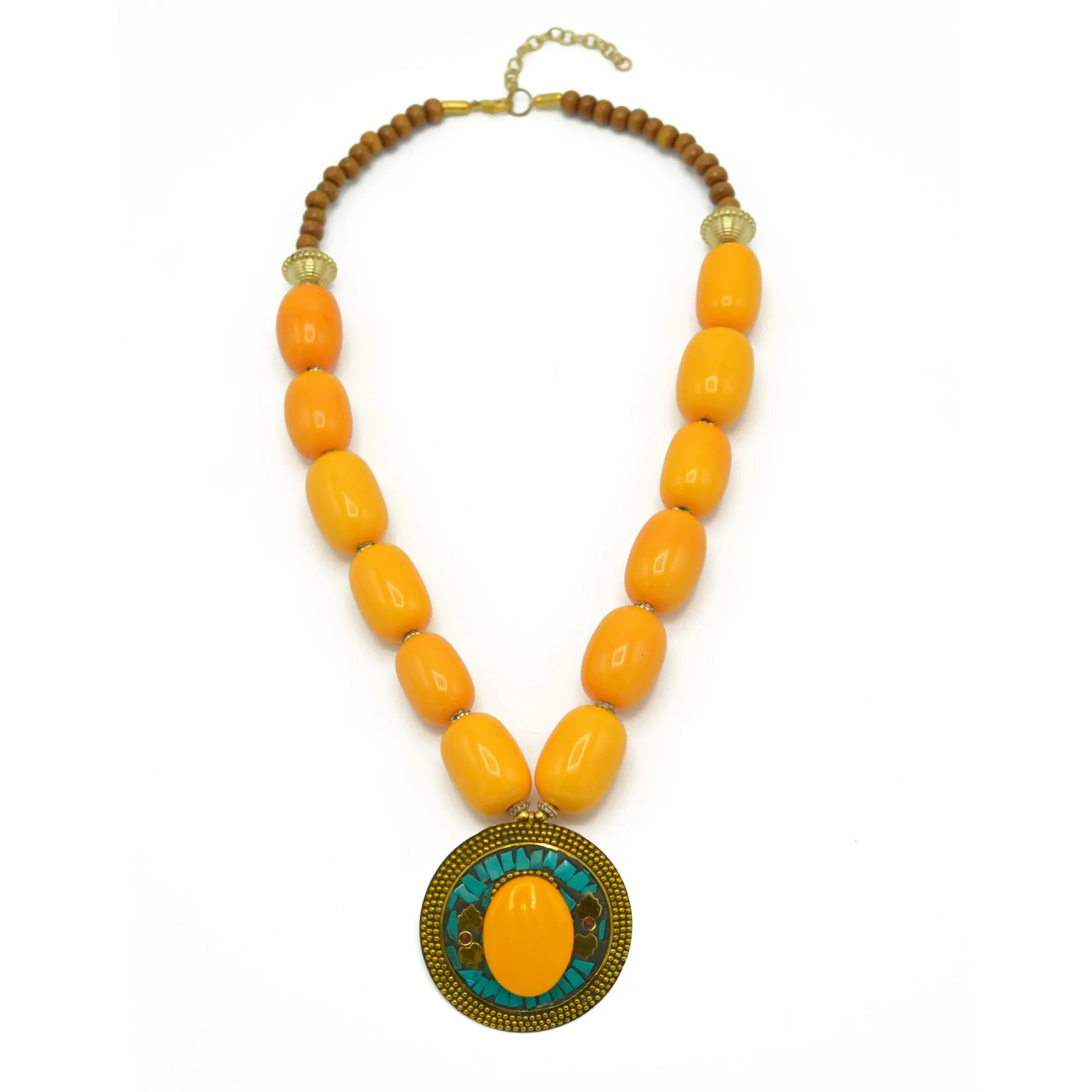 AMBER & BROWN BEADS WITH ROUND GOLD AMBER PENDANT NECKLACE #FWNK-2201-02
