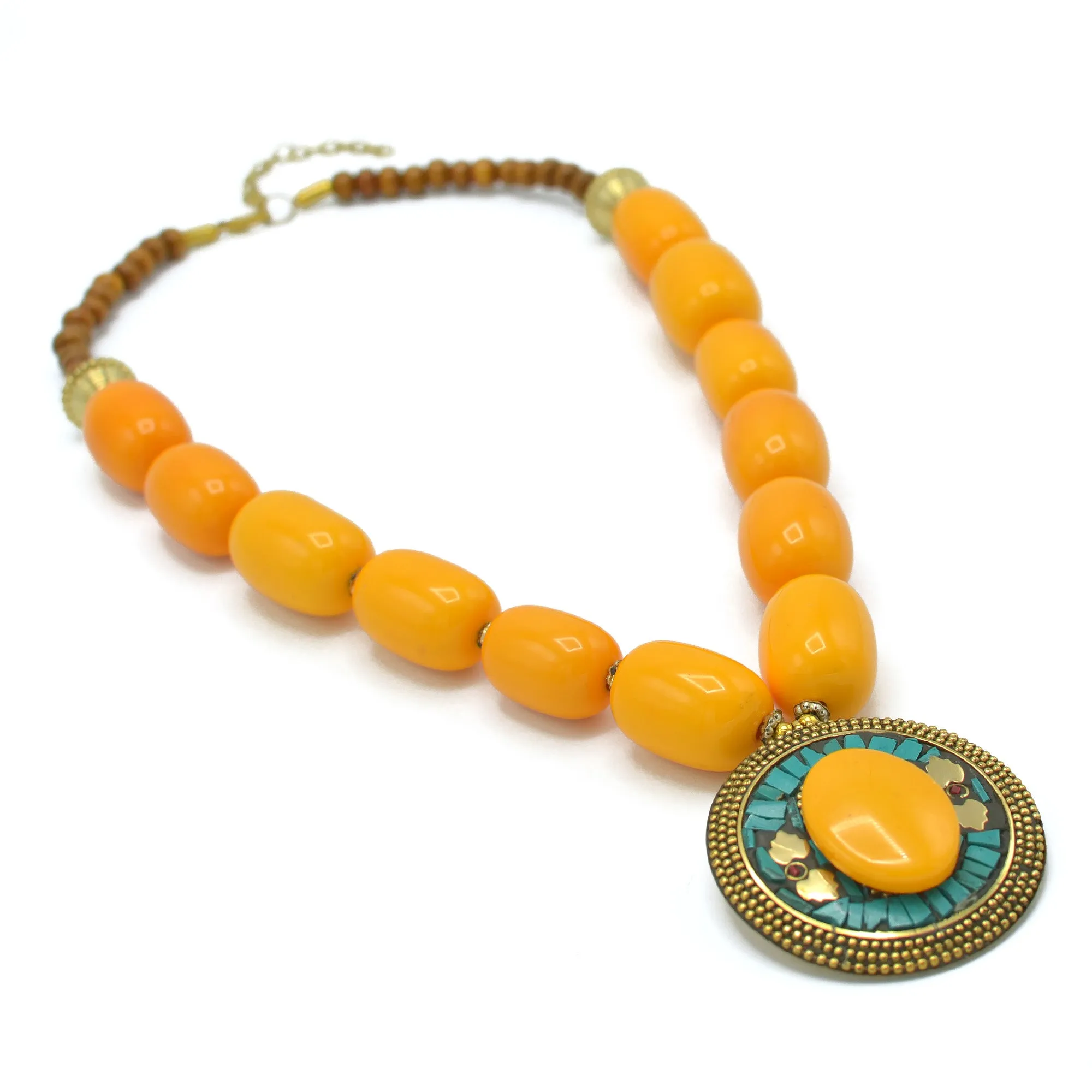 AMBER & BROWN BEADS WITH ROUND GOLD AMBER PENDANT NECKLACE #FWNK-2201-02