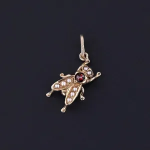 Antique Pearl and Garnet Fly Charm of 14k Gold