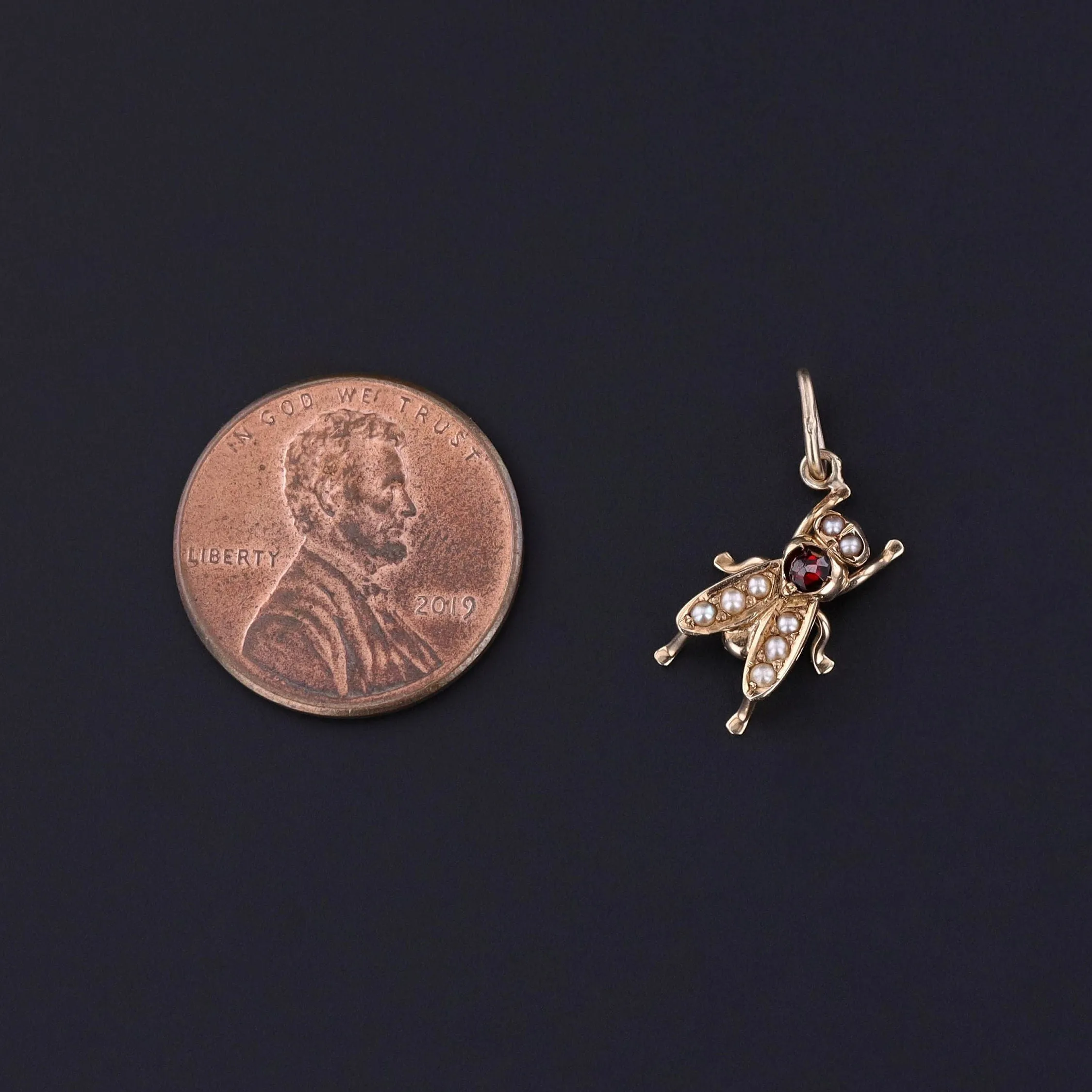 Antique Pearl and Garnet Fly Charm of 14k Gold
