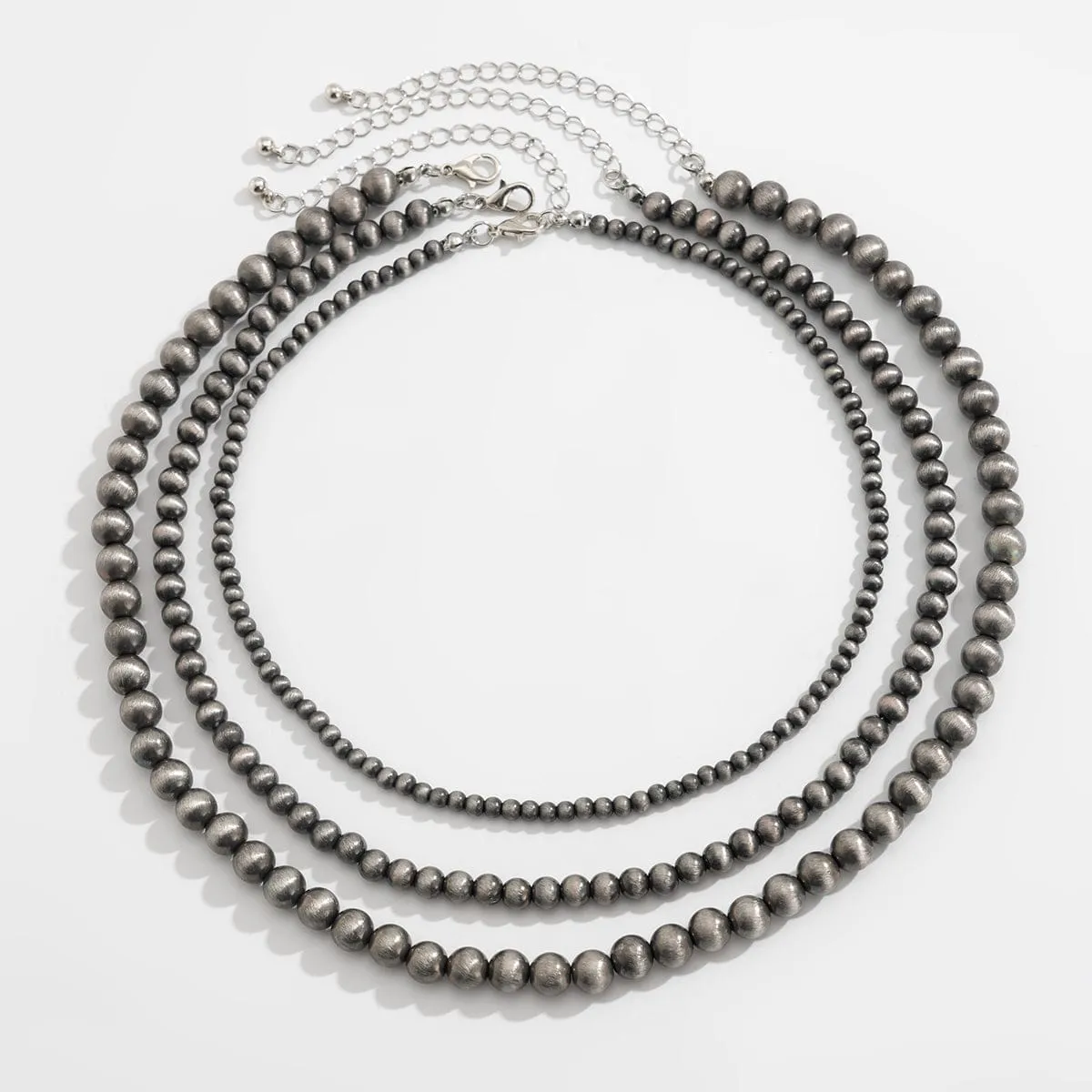 Antique Silver Tone 3pcs Beaded Chain Stackable Necklace Set