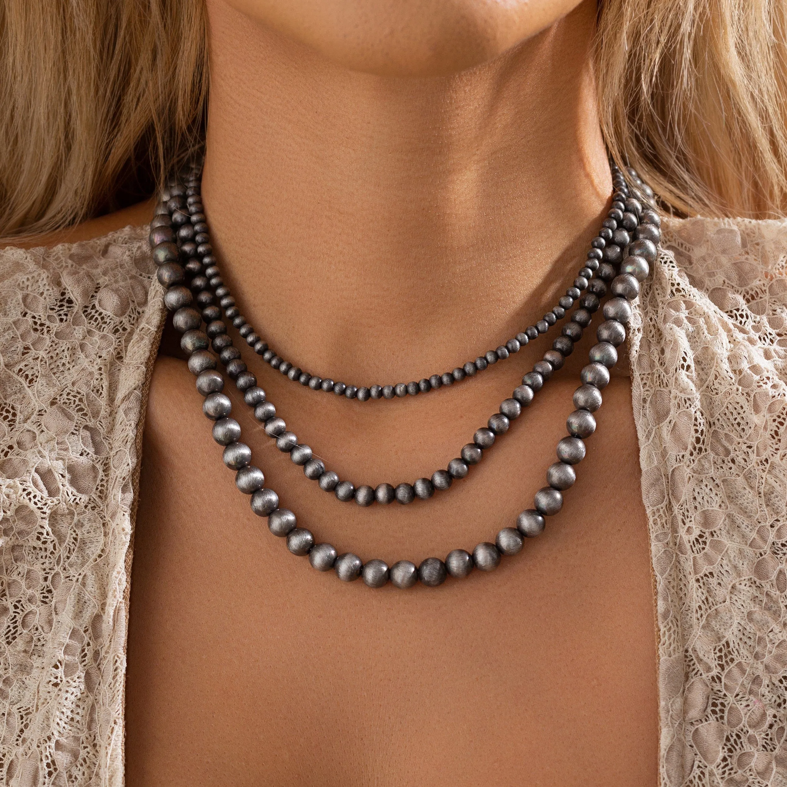 Antique Silver Tone 3pcs Beaded Chain Stackable Necklace Set