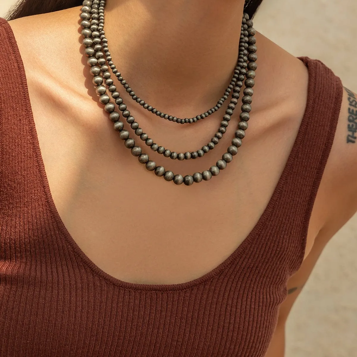 Antique Silver Tone 3pcs Beaded Chain Stackable Necklace Set