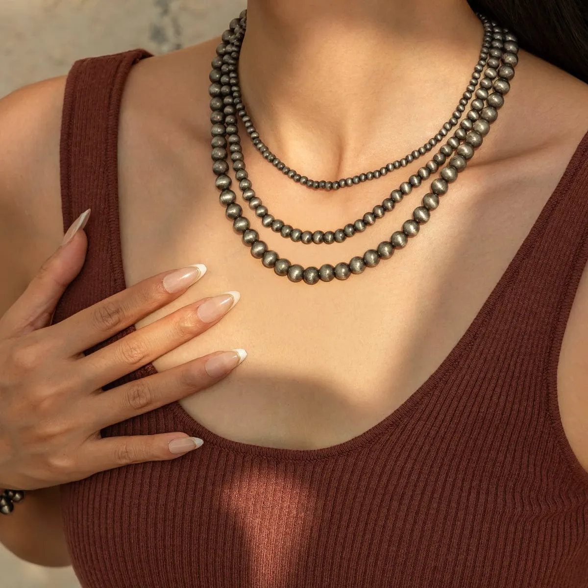 Antique Silver Tone 3pcs Beaded Chain Stackable Necklace Set