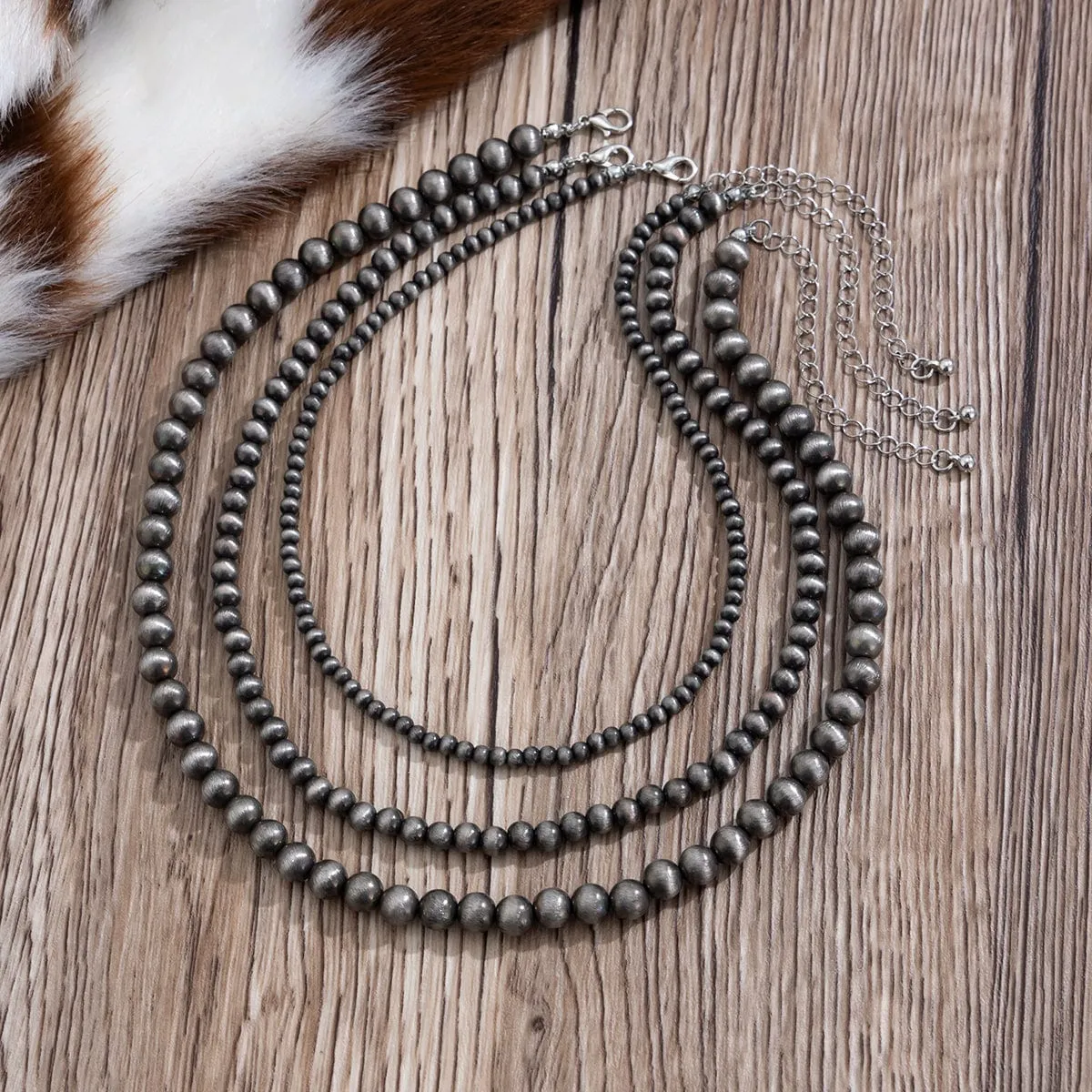Antique Silver Tone 3pcs Beaded Chain Stackable Necklace Set