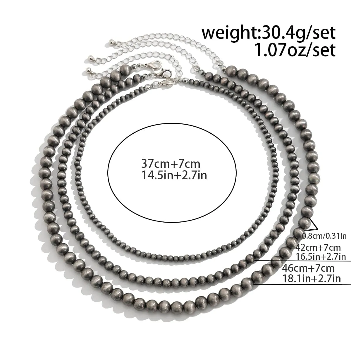 Antique Silver Tone 3pcs Beaded Chain Stackable Necklace Set