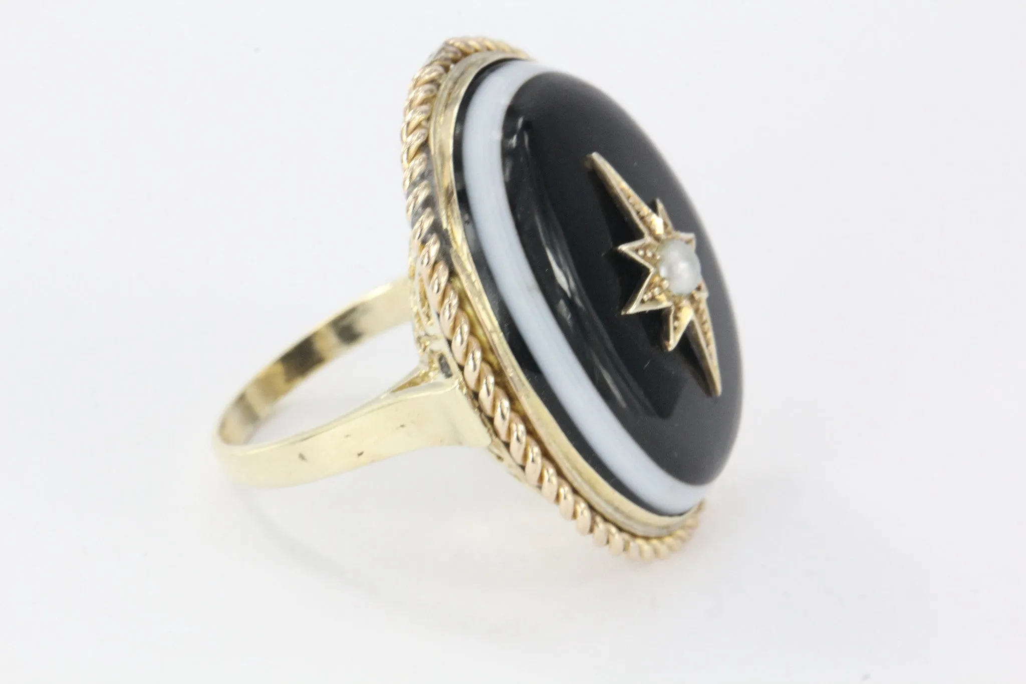 Antique Victorian & Gold Banded Agate Starburst Pearl Conversion Ring