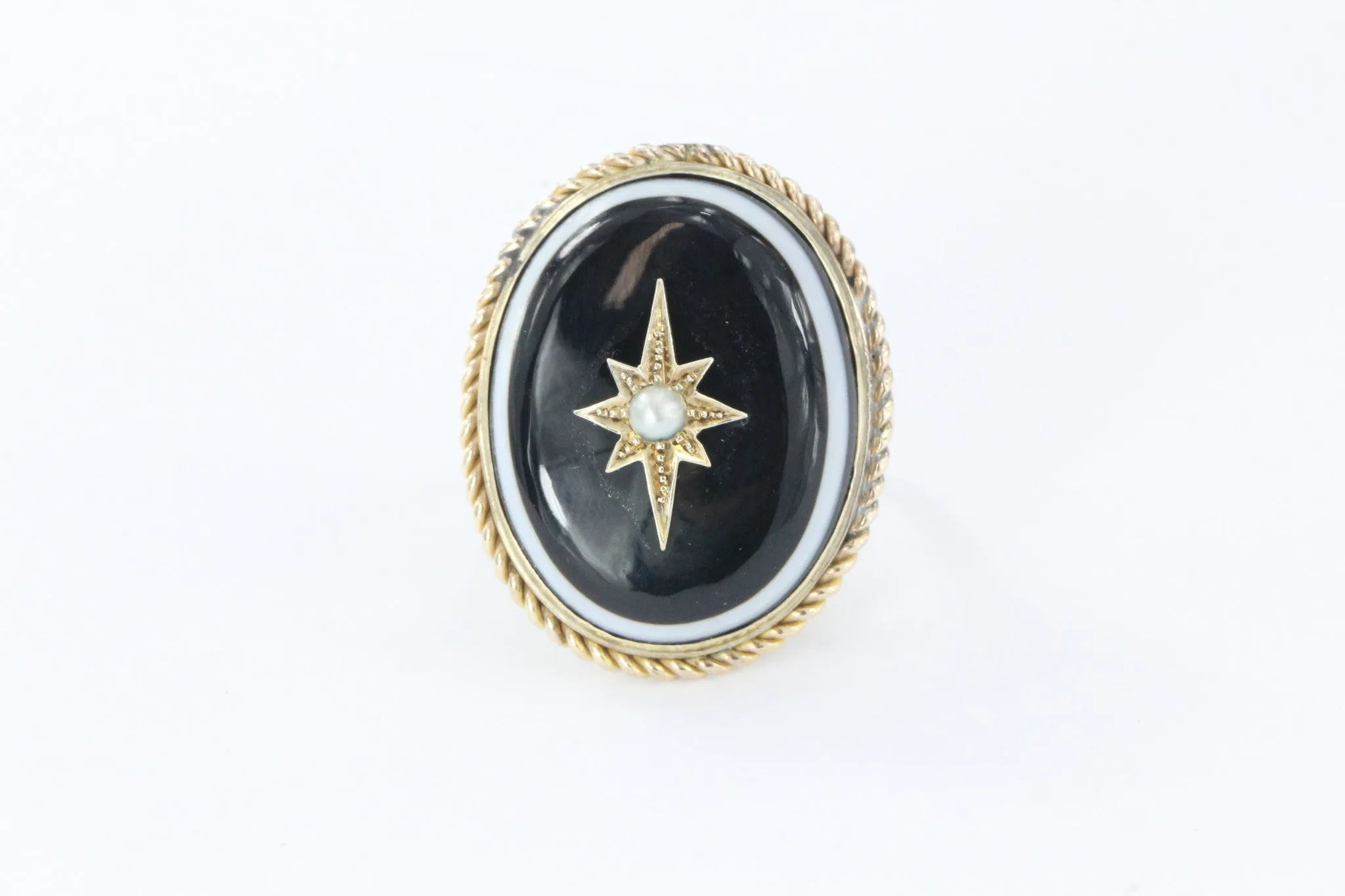 Antique Victorian & Gold Banded Agate Starburst Pearl Conversion Ring