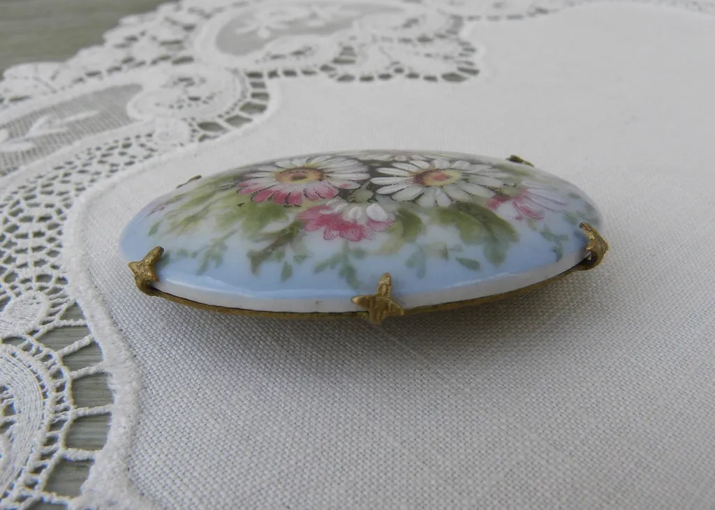 Antique Victorian Edwardian Hand Painted Daisies Pin Brooch