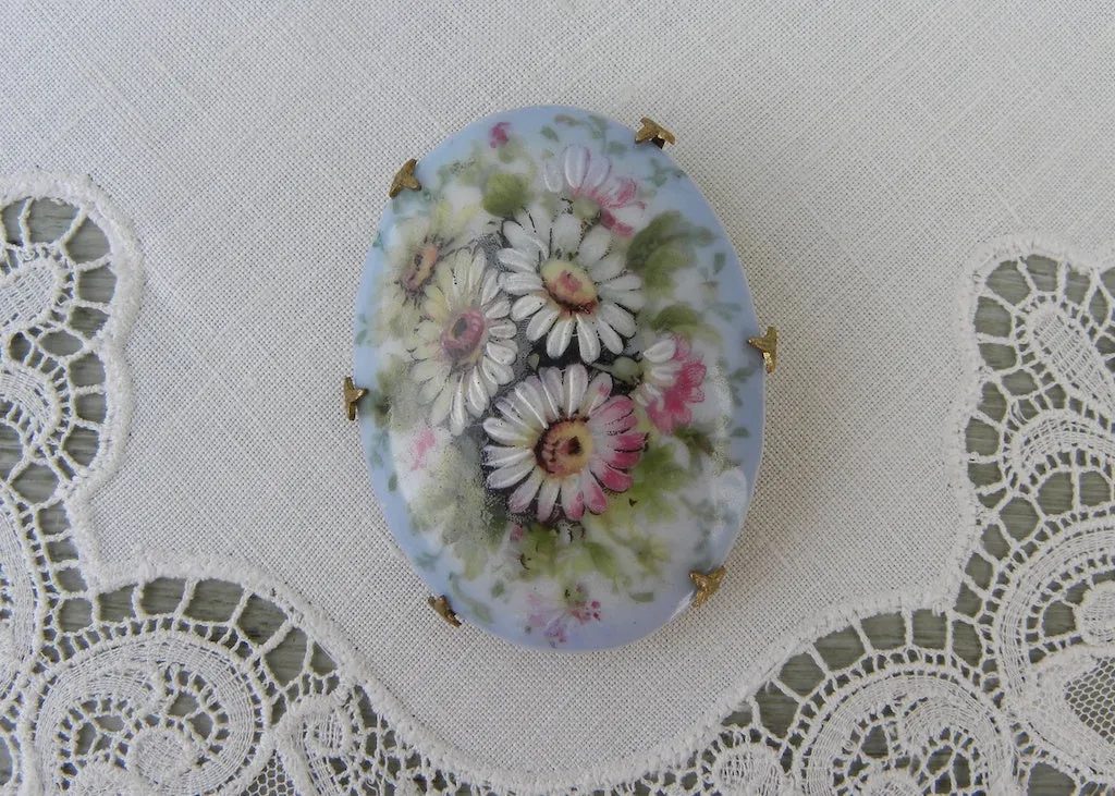 Antique Victorian Edwardian Hand Painted Daisies Pin Brooch