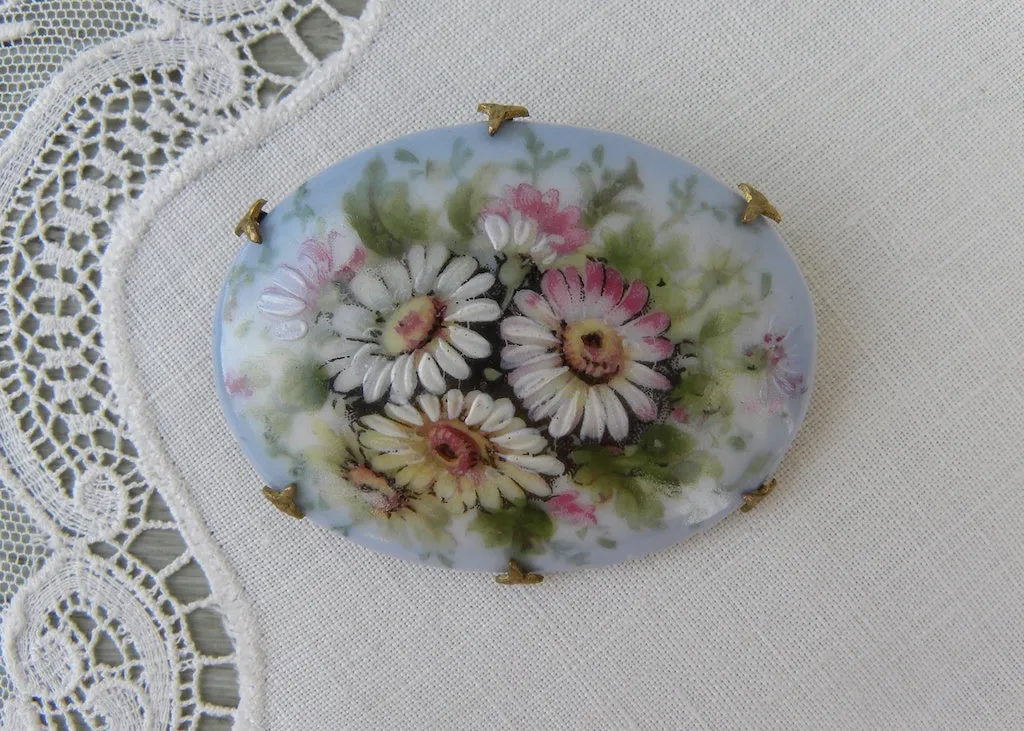 Antique Victorian Edwardian Hand Painted Daisies Pin Brooch