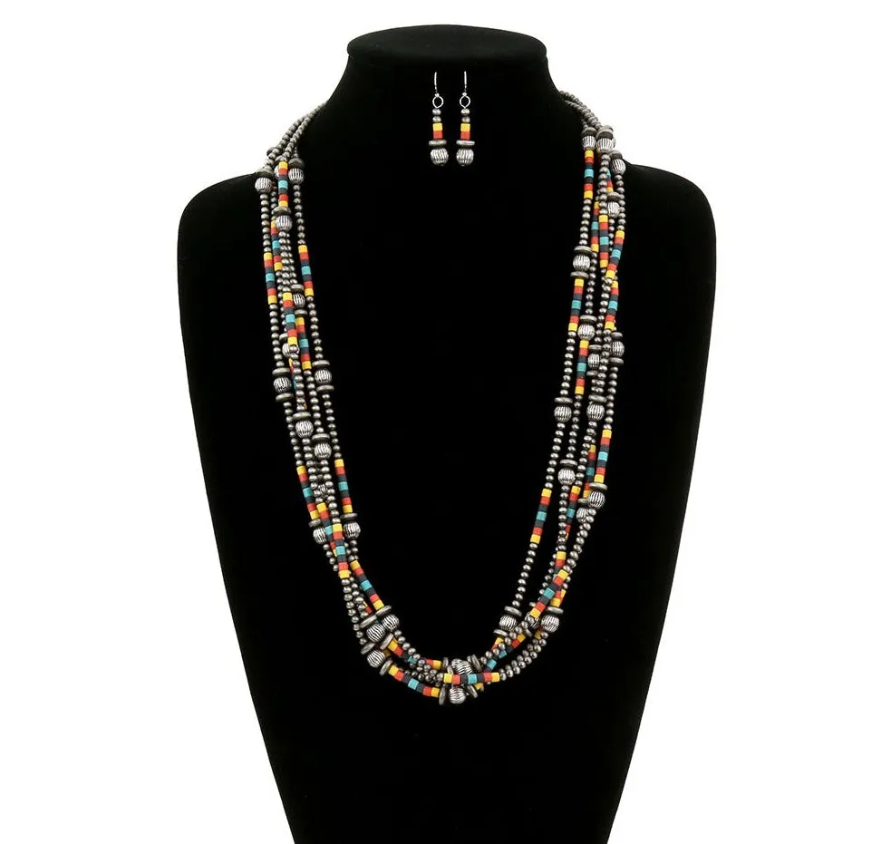Aralia 5 Strand Fashion Beaded Varied Navajo Necklace, Earrings & Bracelet - Multi