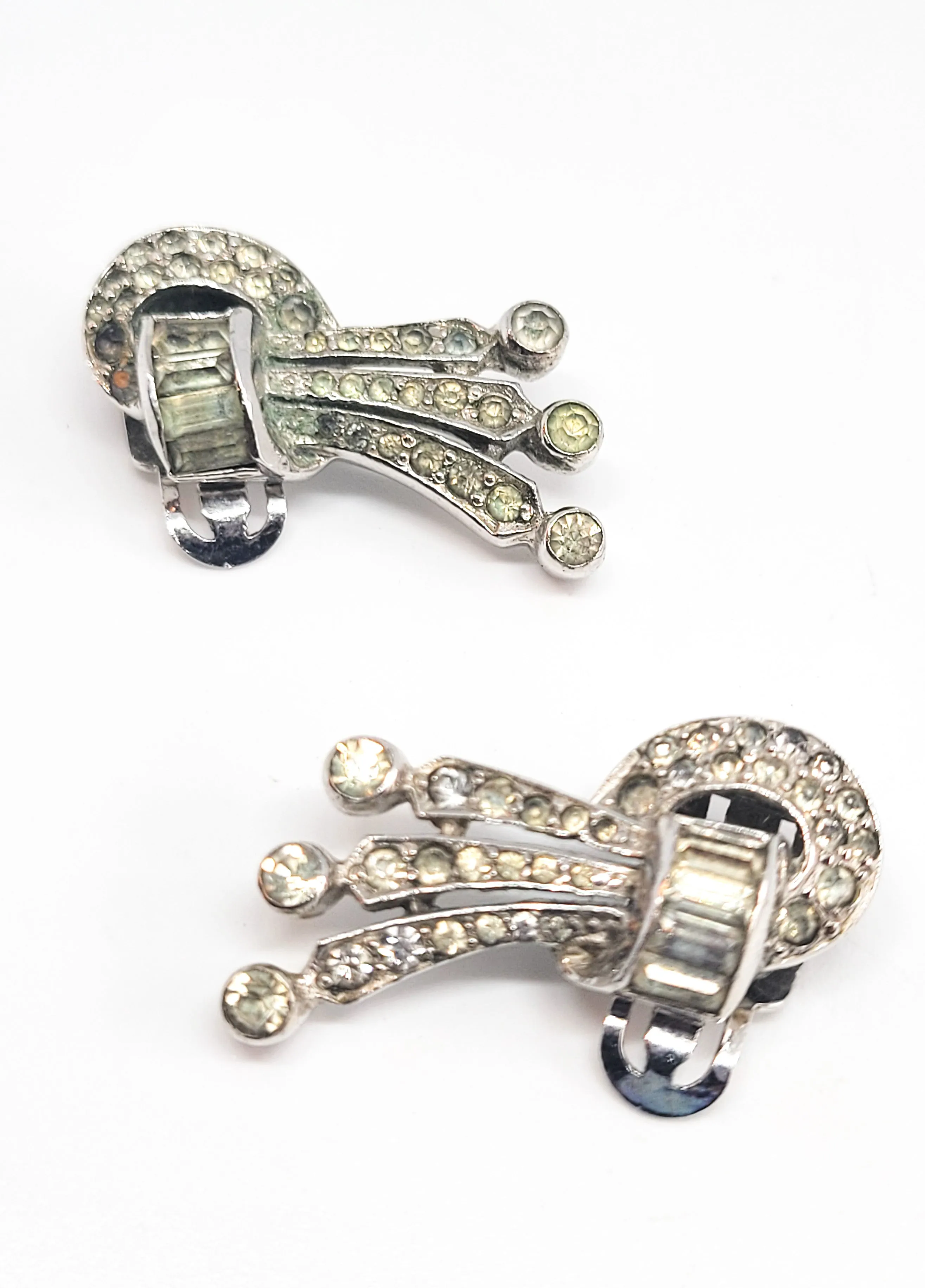 Art Deco pot metal rhodium plated clear rhinestone climber vintage clip on earrings