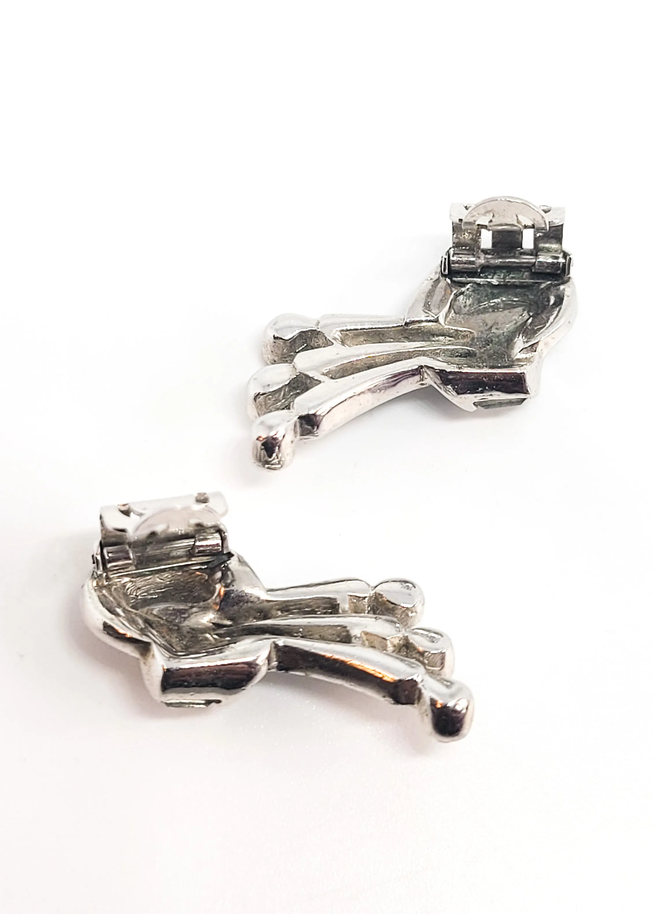 Art Deco pot metal rhodium plated clear rhinestone climber vintage clip on earrings