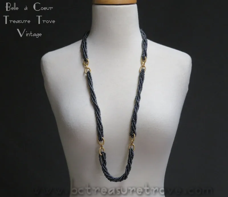 Avon Louis Feraud Twisted Rope Necklace Hematite Caviar Glass Beads 1983