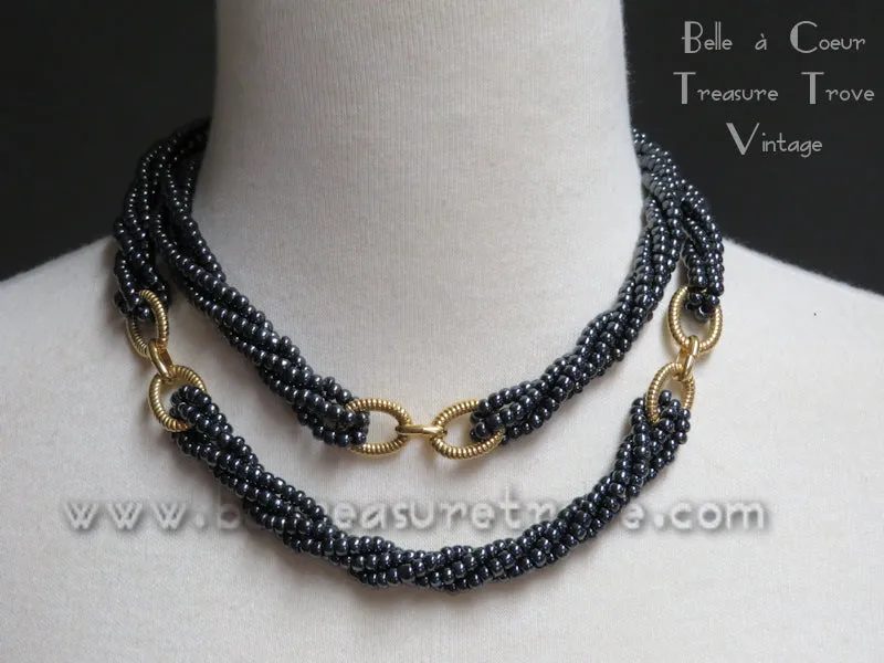 Avon Louis Feraud Twisted Rope Necklace Hematite Caviar Glass Beads 1983