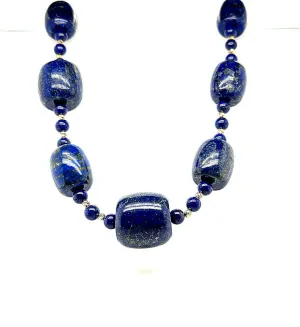 Barrel Shaped Lapis Lazuli Beaded Necklace with Yellow Gold Accents