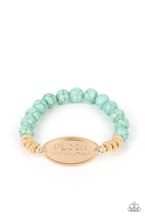 Bedouin Bloom - Gold - "BLOOM Your Own Way" Blue Stone Bead Inspirational Paparazzi Stretchy Bracelet