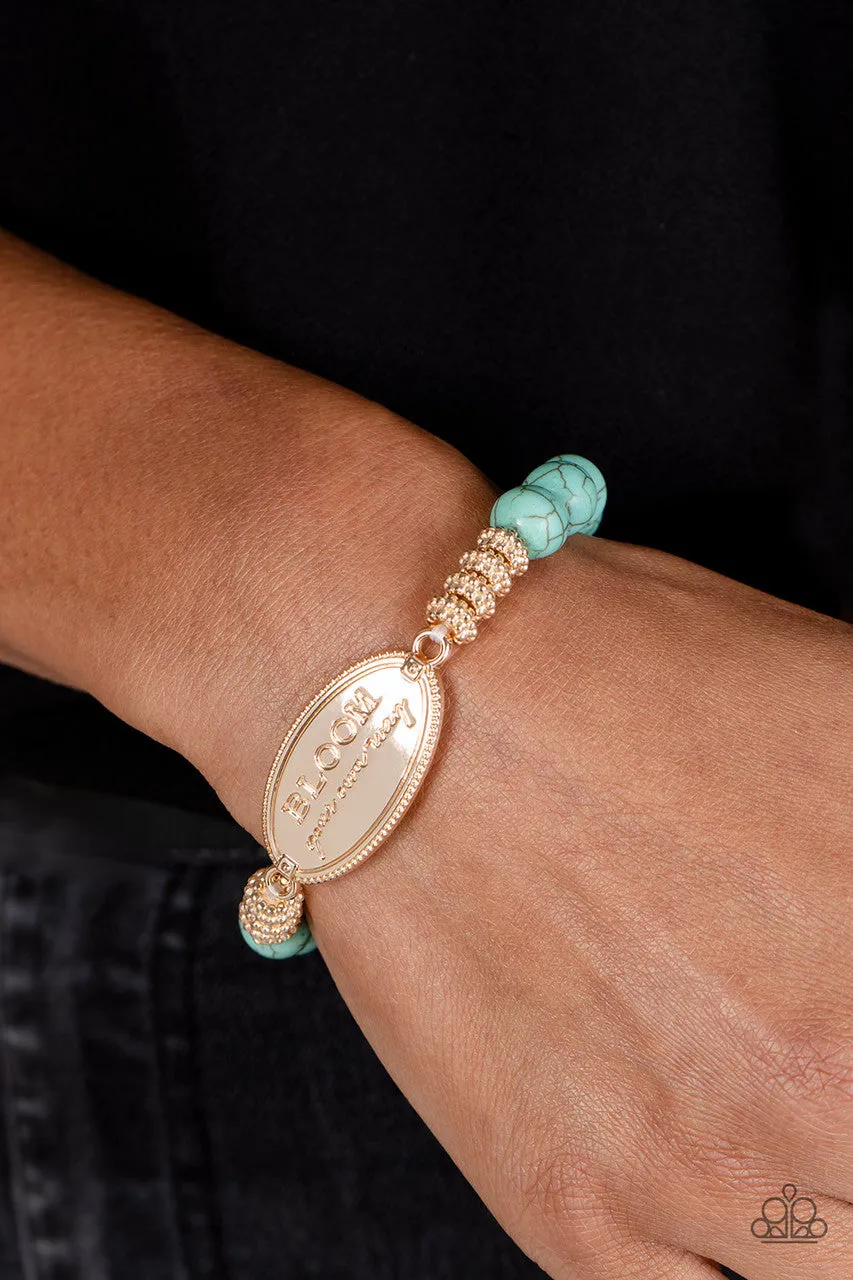 Bedouin Bloom - Gold - "BLOOM Your Own Way" Blue Stone Bead Inspirational Paparazzi Stretchy Bracelet