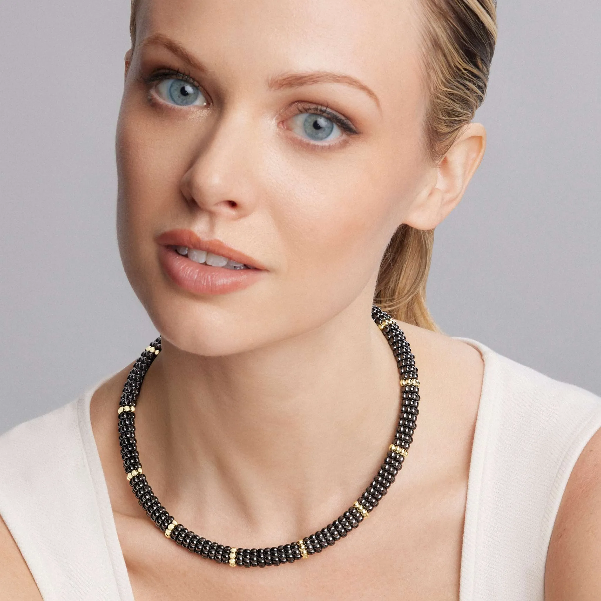Black Caviar 18K Gold Single Station Ceramic Beaded Necklace | 9mm