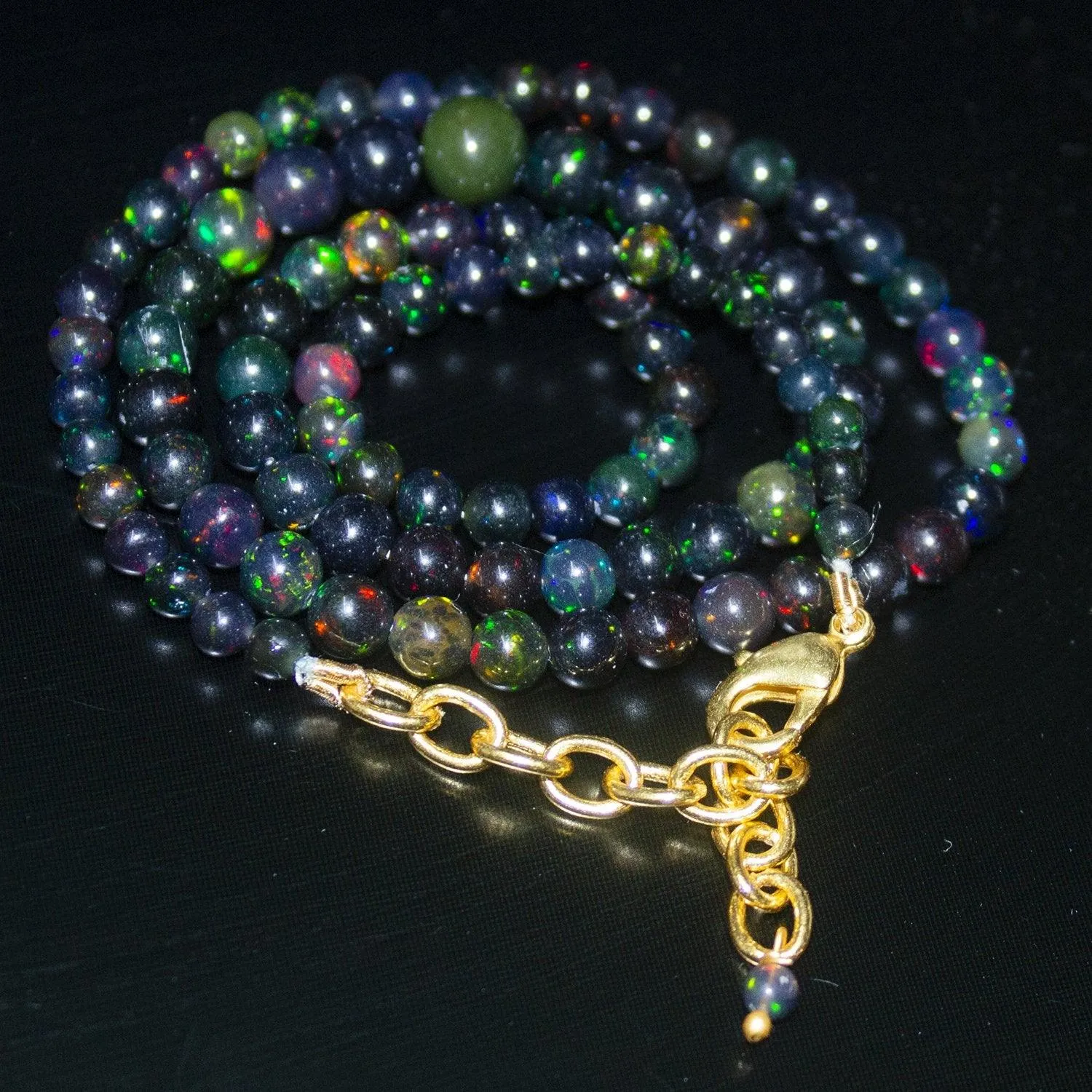 Black Ethiopian Opal Round Ball Gold Plated Gemstone Beads Necklace 3mm 7mm 18"