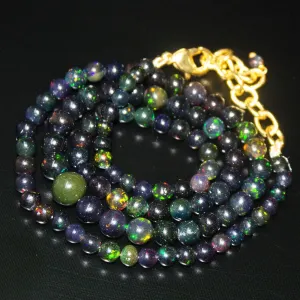 Black Ethiopian Opal Round Ball Gold Plated Gemstone Beads Necklace 3mm 7mm 18"