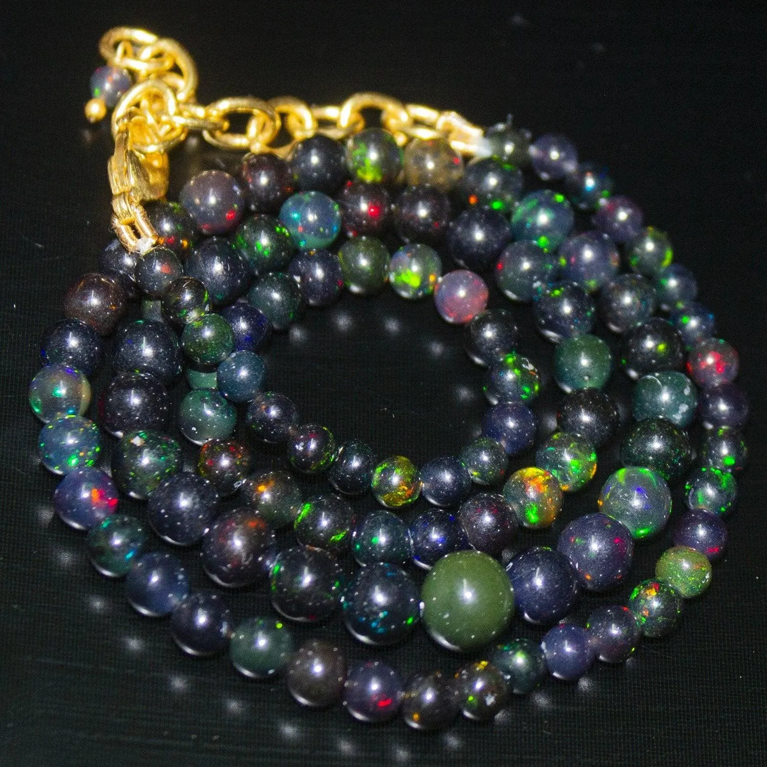 Black Ethiopian Opal Round Ball Gold Plated Gemstone Beads Necklace 3mm 7mm 18"