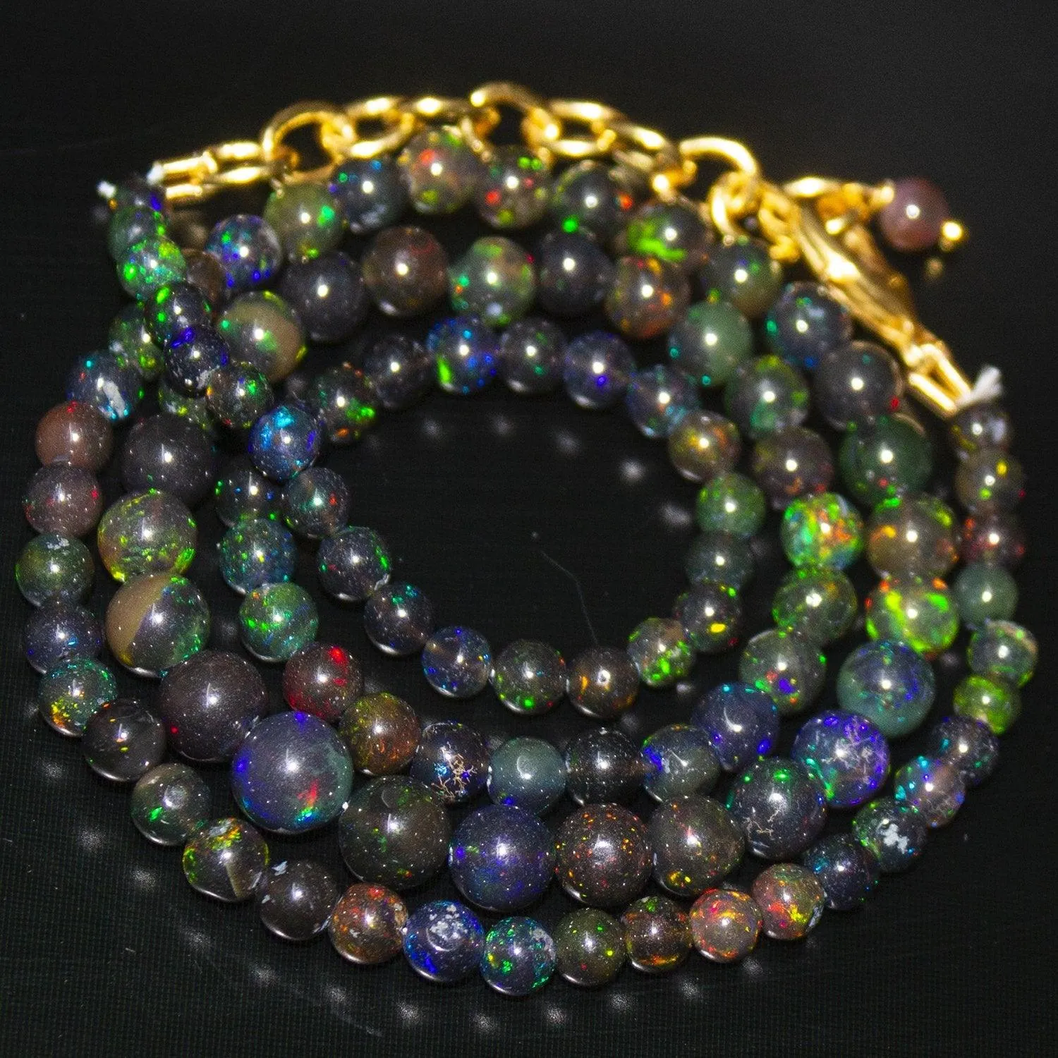 Black Ethiopian Opal Round Ball Gold Vermeil Gemstone Beads Necklace 18" 4mm 6mm
