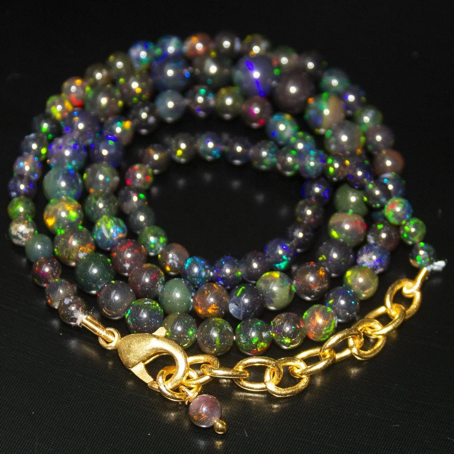 Black Ethiopian Opal Round Ball Gold Vermeil Gemstone Beads Necklace 18" 4mm 6mm