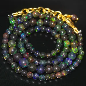 Black Ethiopian Opal Round Ball Gold Vermeil Gemstone Beads Necklace 18" 4mm 6mm