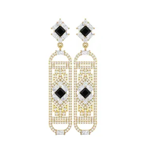 Black Spinel Cylindrical Long Drop Dangle Women Earrings 9k Yellow Gold