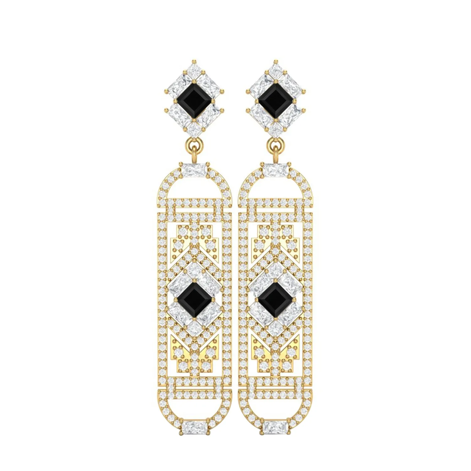 Black Spinel Cylindrical Long Drop Dangle Women Earrings 9k Yellow Gold