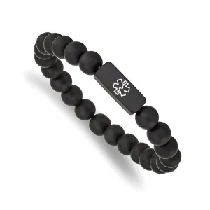 Black Stainless Steel Medical ID Plate Black Agate Beaded Bracelet