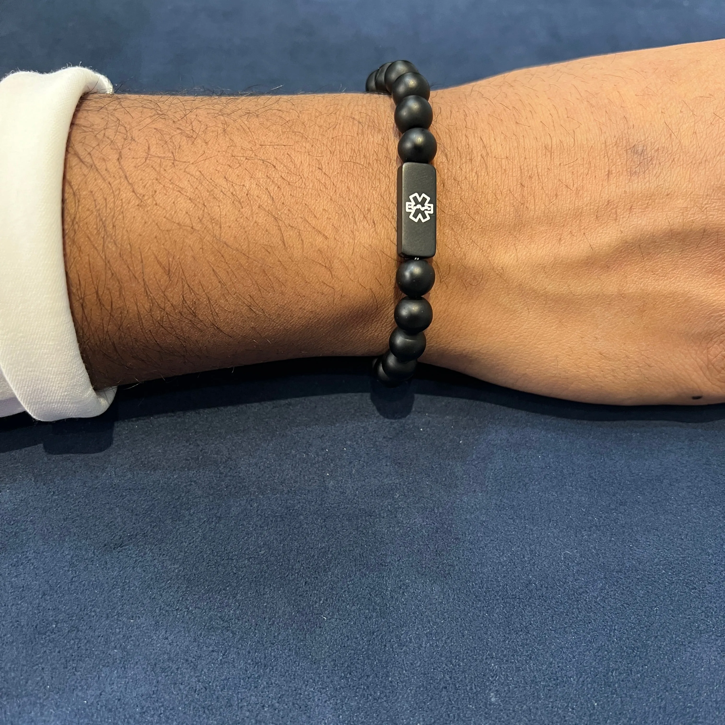 Black Stainless Steel Medical ID Plate Black Agate Beaded Bracelet