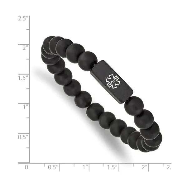 Black Stainless Steel Medical ID Plate Black Agate Beaded Bracelet