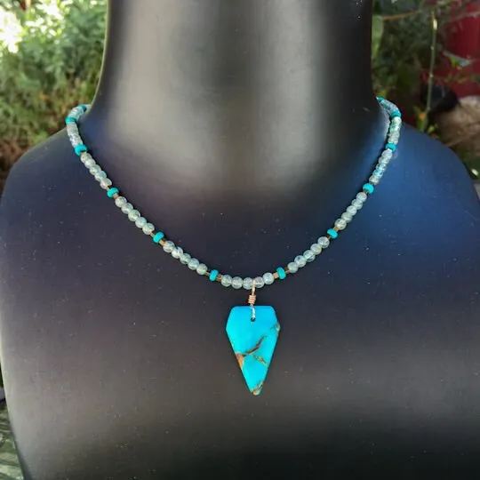 Blue Agate Bronzite pendant with Apatite, Hematite & Turquoise Gemstones