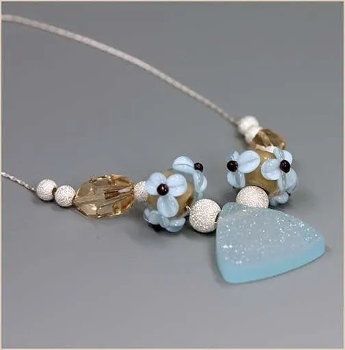 Blue Agate Drusy and Glass Lampwork Necklace