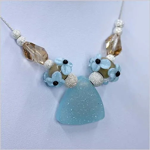 Blue Agate Drusy and Glass Lampwork Necklace