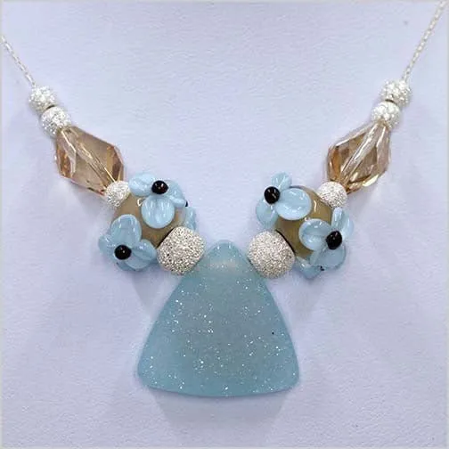 Blue Agate Drusy and Glass Lampwork Necklace